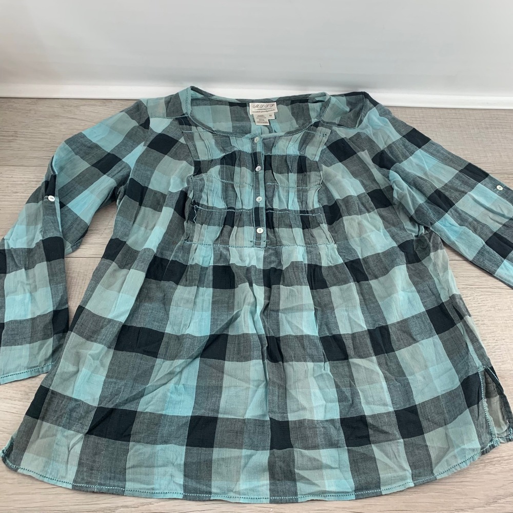 MSSP Max Studio Teal Black Buffalo Plaid Cotton Pintuck Blouse 1X 1Z07J35